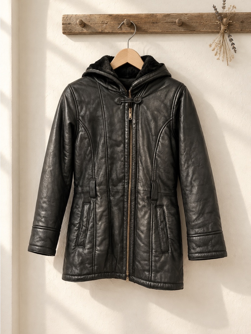 Wilsons Leather Kids Black Hooded Faux-Leather Puffer Coat